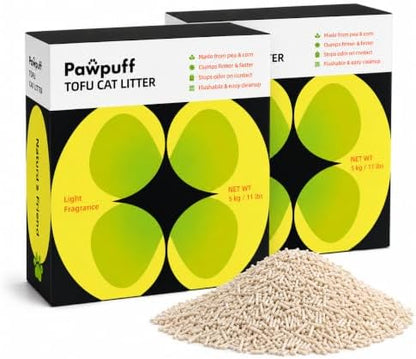 Clumping Cat Litter Tofu, Low Dust Fast Clumping Low Tracking Light Milk Scent Flushable, Plant-Based Pea Fiber & Corn Starchin Small Amounts 2-Pack (11 lb Each, 22 lb Total) by Pawpuff