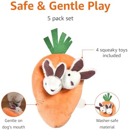 Amazon Basics Interactive Hide and Seek Squeaky Dog Plush Toy with Squeaker for Small Dogs, Rabbit and Carrot, Orange and White, 5-Pack - Image 2