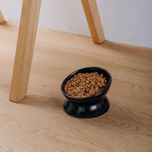Elevated Ceramic Cat Bowl, 15° Tilted Raised Food & Water Dishes, Anti-Vomiting & Neck Protection Pet Feeder for Kittens, Small Dogs (5.2", Black, 2pc Set) - Image 4