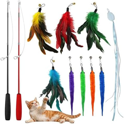 Cat Toys Interactive Feather Teaser Wand Set, Retractable Cat Fishing Pole Toy with Assorted Replaceable Attachments & Bells, Fun Hunting Exercise Toys (11 Pack) by KrauzPet