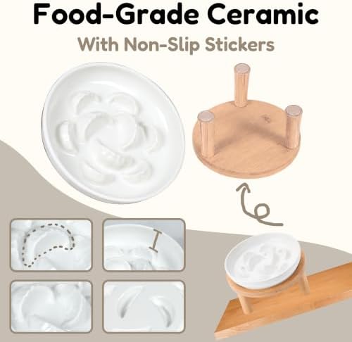 Slow Feeder Cat Bowls with Bamboo Stand, Ceramic Elevated Pet Food Plates for Cats and Small Dogs, Raised Non-Slip Feeder (White/6.3") - Image 5