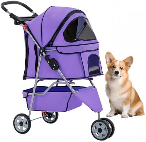 BestOffice Pet Stroller for Small Medium Dogs & Cats, 3-Wheel Foldable Dog Stroller with Cup Holder, Lightweight Travel Carrier, Waterproof Design for Outdoor Walks, Purple by BestOffice