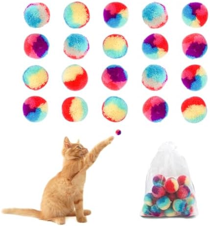 FuninCrea 20 Pcs Cat Ball Toy, 1.18-Inch Rainbow Cat Toy Ball Colorful Cat Pom Pom Balls with a Small Pouch, Fuzzy Kitty Balls for Cats, Kitten Toys for Playing Training Chasing (A,Small) by FuninCrea