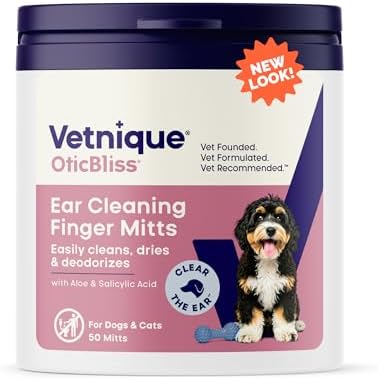 Vetnique Oticbliss Cat & Dog Ear Wipes, Finger Mitt Ear Cleaner for Odor by Vetnique