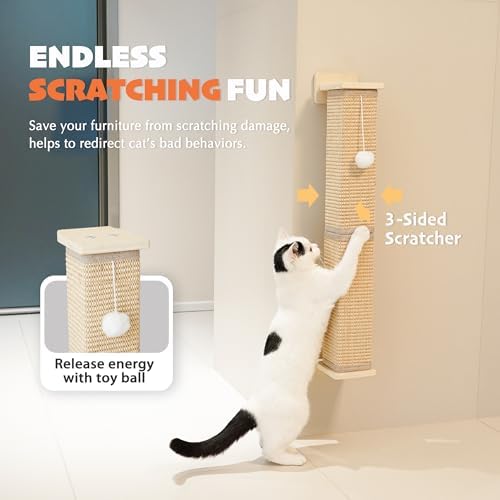 PETKARAY Wall Mounted Cat Scratcher, 30" Large Sisal Cat Scratcher for Wall, Square Sisal Cat Scratching Post with Toy Ball - Image 4