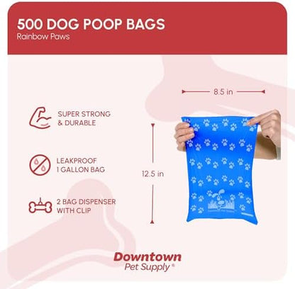 Downtown Pet Supply Poop Bags for Dogs with Dispenser, 500 Count - Leak-Proof Dog Waste Bags and Bone-Shaped Dog Poop Bags Holder for Leash - Rainbow with Paw Prints, 12.5" x 8.5" - Image 2