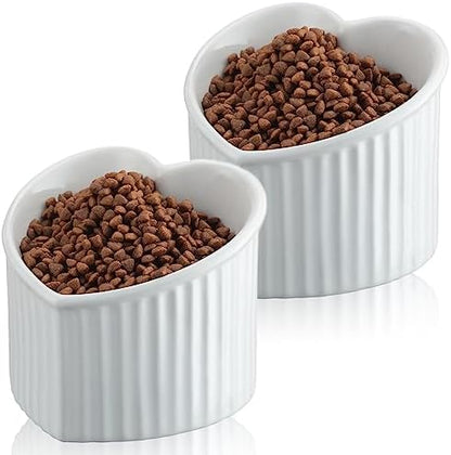 Mumufy 2 Pcs Ceramic Elevated Cat Bowls Tilted Elevated Raised Pet Bowls Anti Vomit Cat Dish for Indoor Stress Free Water Dish Feeder for Puppies, Heart Shaped(Pearly White) by Mumufy