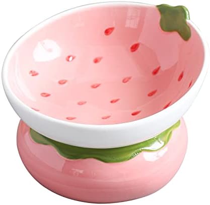 Ceramic Raised Cat Bowl, Pink, Strawberry Shaped by Yeexoxow