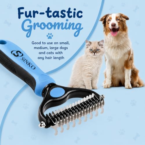 Sinko Shedding Brush For Dog and Cat, Undercoat Rake with Extra Wide Double-Sided Stainless Teeth for Detangling, Deshedding, Brushing & Removing Shed Fur, Knots, Mats, and Tangles in Pets (Blue) - Image 4