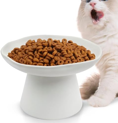 VCEPJH Raised Cat Food Bowls Shallow Cat Plate Ceramic Elevated Cats Dish 6.1in Flat Anti Whisker Fatigue Wide Pet Food & Water Feeder for Indoor Kitty Kitten (White) by VCEPJH