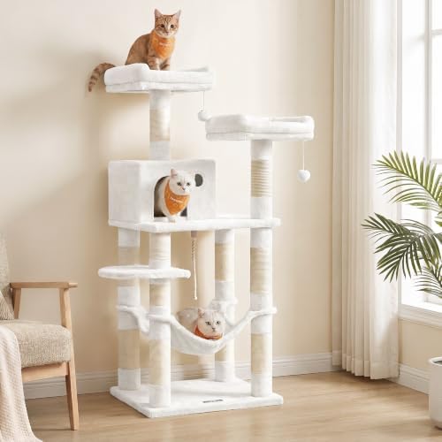 Feandrea Cat Tree, 55.8-Inch Tall Cat Tower Condo Indoor, Light Warm White - Image 2