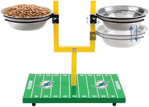 NFL Miami Dolphins Goalpost Football Field Dog Feeder – Adjustable Elevated Dog Bowls with Stand, 2 Stainless Steel Bowls, Non-Slip Rubber Feet, Raised Pet Feeder for Large & Small Dogs, Cats. by PETSFIRST