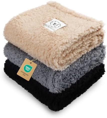 1 Pack 3 Calming Blankets Fluffy Premium Fleece Pet Blanket Soft Sherpa Throw for Dog Puppy Cat Beige/Black/Grey Medium (30" x20'') by luciphia
