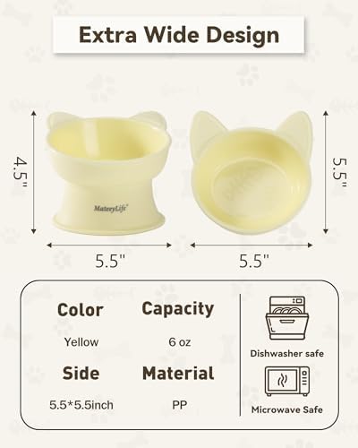 MateeyLife Raised Cat Bowls, Cat Food Bowl Elevated for Kittens & Small Dogs, 15°Tilted Protect Pets' Neck and Anti Vomiting, Whisker Friendly Food & Water Feeding Bowl, 6 oz Each - Yellow - Image 4