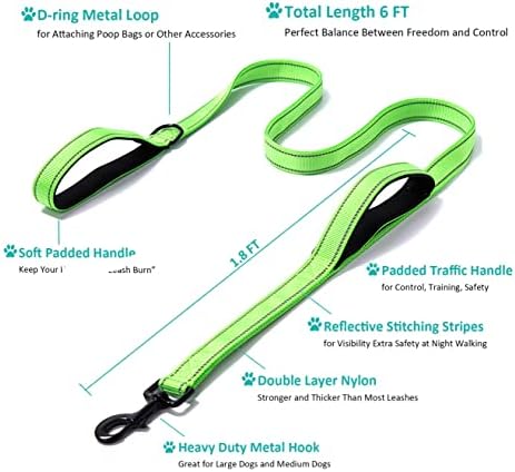 Heavy Duty Dog Leash - 2 Handles by Padded Traffic Handle for Extra Control, 6foot Long - Perfect for Medium to Large Dogs (6 ft, Bright Green) - Image 2
