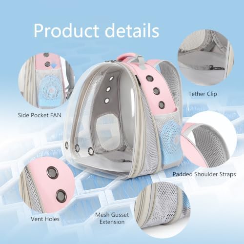 Cat Backpack Carrier with Fan, Space Capsule Astronaut Clear Bubble Front Extension to Carry Transport Cat Small Puppy Bunny, 20 Pounds Cat Bookbag (Pink, Gen 1 + Fan) - Image 3