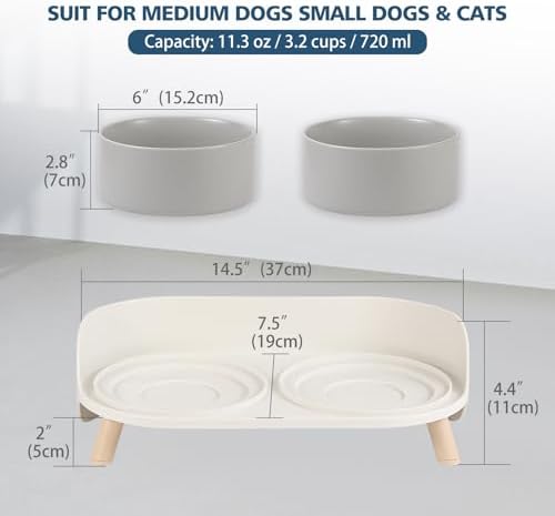 Elevated Ceramic Dog Bowl Set - Double Dog Feeding Bowls with Stand Splash Proof - Raised Dishes for Food and Water - Ideal for Small to Medium Dogs - 2 x 720 ml - 11.3 oz - Grey - Image 3