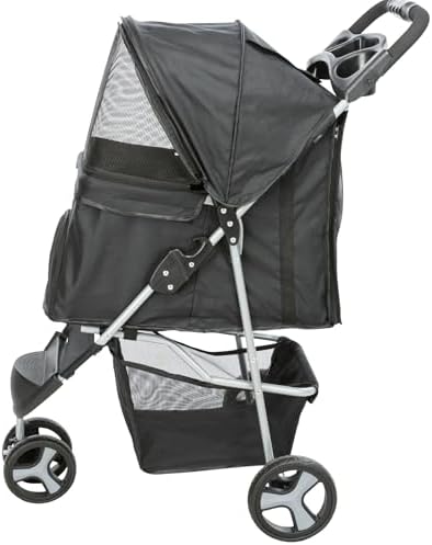 TRIXIE Foldable Pet Stroller for Cats and Dogs, Pet Carrier Strolling Cart with Weather Cover, Storage Basket, Cup Holder, Black by TRIXIE