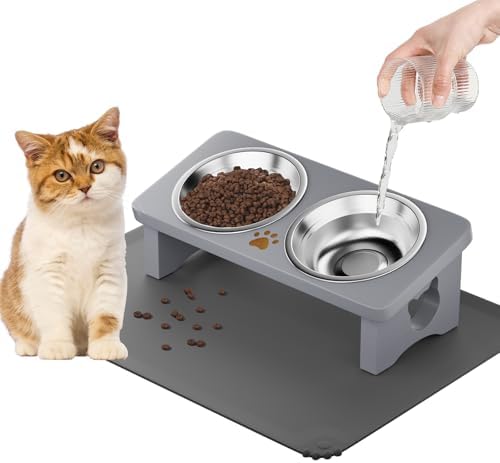 Elevated Cat Bowls with 15° Tilted Solid Wood Stand,Slate Grey by Unknown