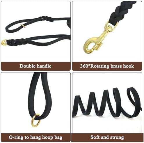 15ft Long Leather Dog Leash with Traffic Handle, Braided Leather Training Lead, Tieout for Yard, Double Handle Dog Leash for Small Medium Large Dogs Outdoor Hiking, Camping, Hunting Black - Image 3