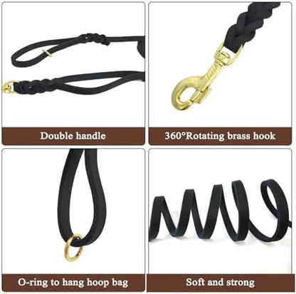 15ft Long Leather Dog Leash with Traffic Handle, Braided Leather Training Lead, Tieout for Yard, Double Handle Dog Leash for Small Medium Large Dogs Outdoor Hiking, Camping, Hunting Black - Image 3