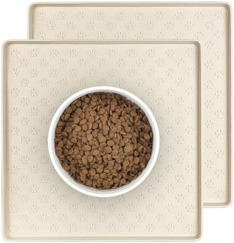 2 Pack Pet Placemat for Dog and Cat, Waterproof Non-Slip Silicone Feeding Bowl Mat Prevent Food and Water Overflow, Puppy Dish Feeder Fountain Trays Suitable for Medium and Small Pets, Beige by PTLOM