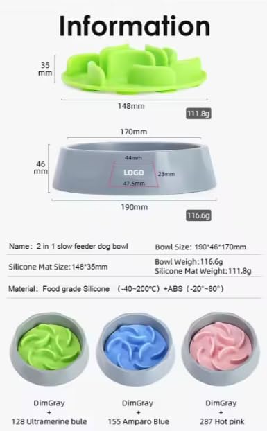 2 in 1 Slow Feed Dog Bowl with Anti-Choking Design, 7.5 Inch Pet Food Dish, Pink, Blue, Green (Green)