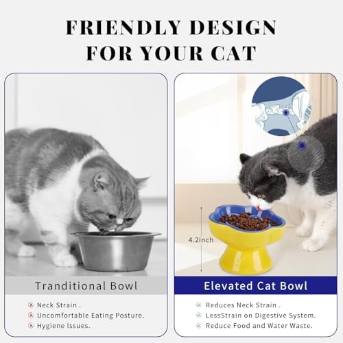S&Q's CERAMICS Raised Slow Feeder Cat Bowl, Ceramic Elevated and Titled Pet Food Bowl, Small Dogs Slow Feeder, Flower Shaped Dish for Dry and Wet Food (Blue, 5.8") - Image 5