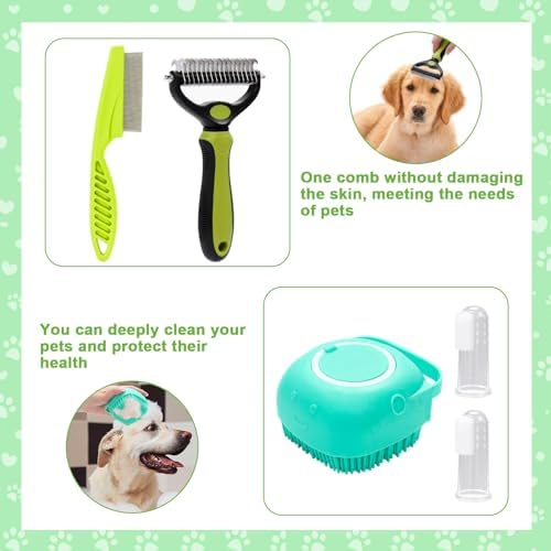 VCZONE 8 Pcs Dog Grooming Kit: Nail Clipper, Flea Comb, Shampoo Brush, Shedding Brush, Dematting Comb, Silicone Toothbrush (Green) - Image 6