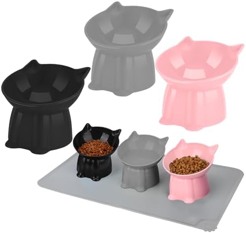 3 Pcs Elevated Cat Bowls 15°Raised Cat Food Bowl with Silicone Mat Grey by Hoemwarm