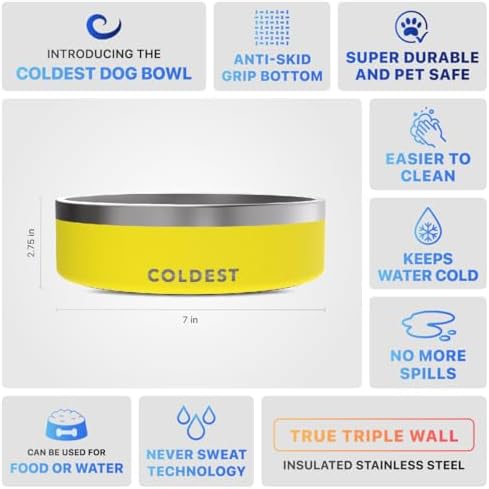 Coldest Dog Bowl - Anti Rust Metal, Non Slip, 3 Layers Insulated Stainless Steel Dog Bowls - Spill Proof & Heavy Duty - Water Bowl for Dogs, Cats & Pets, Dish Washer Safe (42 oz, Solar Yellow) - Image 5