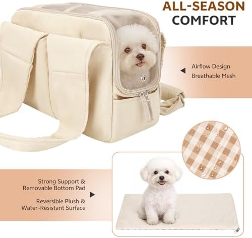 Dog Purse Carrier for Small Dogs and Cats, Soft-Sided Pet Tote Bag with 6 Large Pockets, Collapsible Travel Puppy Carrier, Fits Pets up to 13 lbs (Beige, 15.7" L x 8" W x 11.8" H) - Image 3