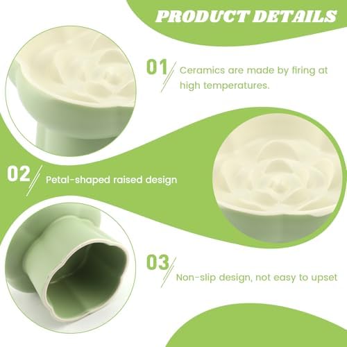 Raised Slow Feeder Cat Bowl, 5.71 Inch Ceramic Elevated and Tilted Cat Food Bowl with 2 Scoops, Flower Shaped Cute Cat Dish for Dry and Wet Food (Green) - Image 3