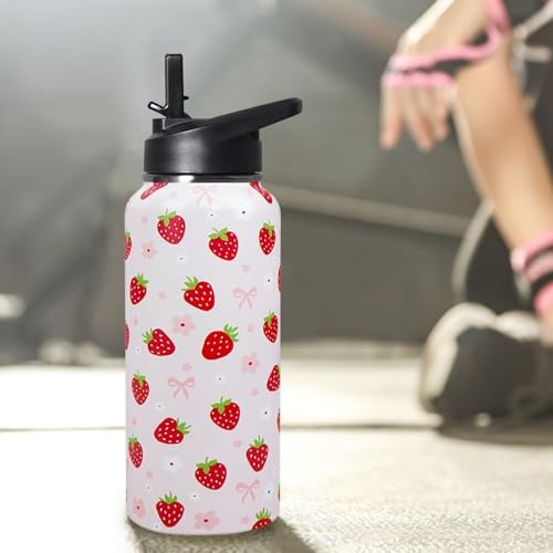 32oz Strawberry Stainless Insulated Aater Water Bottle with Straw,Strawberry Floral Gym Hiking Sports Coffee Mug Cup Water Bottles,Strawberry Themed Gifts for Women,Strawberry Decor Stuff Accessories - Image 6