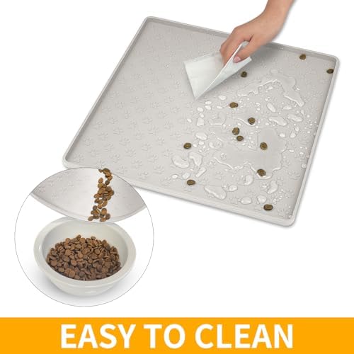 Ptlom Dog Food Mat Anti-Slip Bowl Mats for Food and Water, Waterproof Silicone Pet Placemat with High Raised Edges, Non-Slip Puppy Feeding Tray for Small, Medium Large Cats Dogs, Cream, 11.8"x11.8" - Image 6