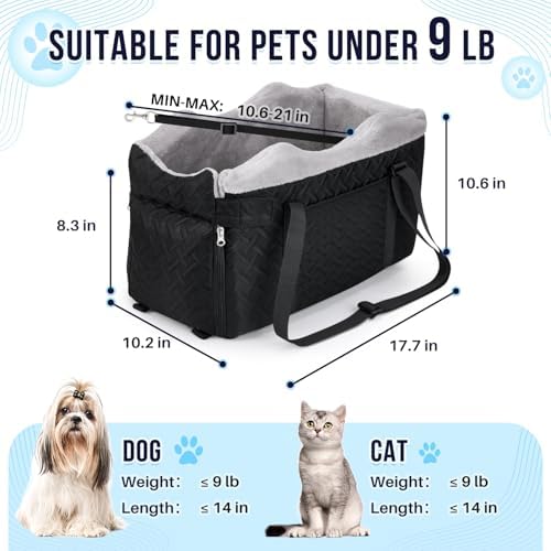 SlowTon Console Dog Car Seat - Portable Center Dog Car Seat for Small Dogs up to 9 lbs, Washable Pet Carseat with Soft Cushion Safe Protection Hooks & Storage Pocket, Black - Image 2