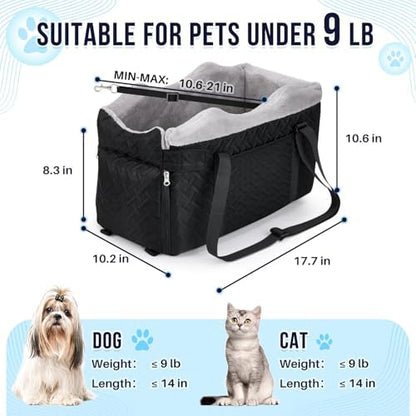SlowTon Console Dog Car Seat - Portable Center Dog Car Seat for Small Dogs up to 9 lbs, Washable Pet Carseat with Soft Cushion Safe Protection Hooks & Storage Pocket, Black - Image 2