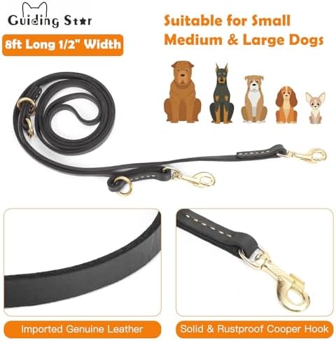 Leather Dog Leash 8ft, Soft Multi-Function 6 in 1 Leather Training Walking Lead, Hands Free Leash, Dual, Crossbody Pet Leashes for Medium and Large Dogs, Service Dogs (8 Foot*5/8", Black) - Image 2