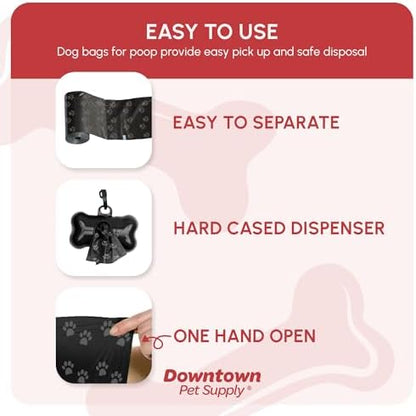 Downtown Pet Supply Poop Bags for Dogs with Dispenser, 180 Count - Leak-Proof Dog Waste Bags and Bone-Shaped Dog Poop Bags Holder for Leash - Black with Paw Prints, 12.5" x 8.5" - Image 3