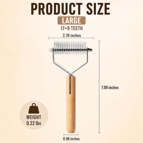 ROCK APE Undercoat Rake for Dogs & Cats, Dual-Sided Dematting Comb and Deshedding Tool for Mats, Tangles & Loose Fur, Rounded Teeth, Natural Wood Handle, Small 13+7 Teeth - Image 2