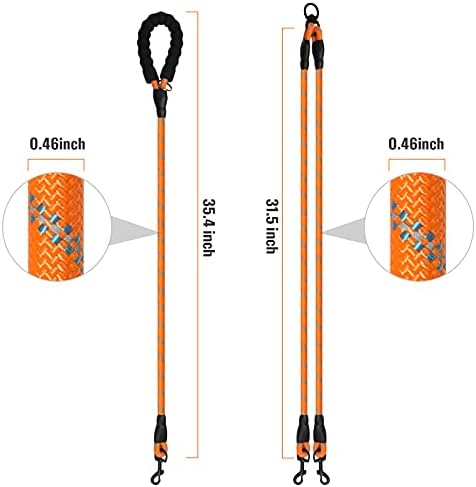 Double Dog Leash Reflective Detachable Coupler &360° Swivel Tangle Free, Heavy Duty Rope Leash Control with Padded Handle for Dual Large Medium Dogs Walking Running Training (Orange) - Image 2