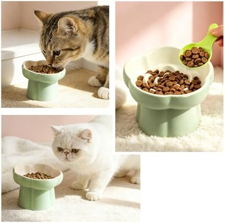 Raised Slow Feeder Cat Bowl, 5.71 Inch Ceramic Elevated and Tilted Cat Food Bowl with 2 Scoops, Flower Shaped Cute Cat Dish for Dry and Wet Food (Green) - Image 7