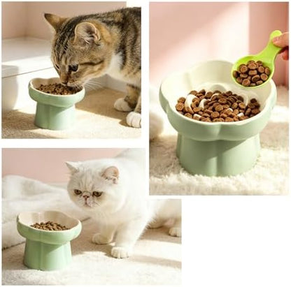 Raised Slow Feeder Cat Bowl, 5.71 Inch Ceramic Elevated and Tilted Cat Food Bowl with 2 Scoops, Flower Shaped Cute Cat Dish for Dry and Wet Food (Green) - Image 7