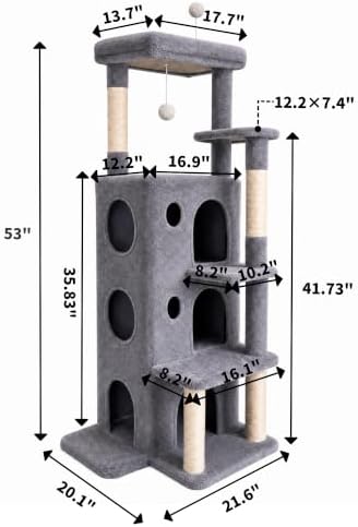 baoheDC 53" Cat Tree for Indoor Cats, Multi-Level Cat Tower with 3 Cozy Cat Condos, Large Top Perch, Sisal Scratching Posts & Climbing Steps, Space-Saving Cat Furniture for Apartments, Grey - Image 2