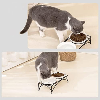 FOREYY Elevated Cat Bowls with 2 Ceramic & 2 Stainless Steel Bowls, Raised Cat Food & Water Dishes with Iron Stand, Porcelain Pet Dishes for Cats & Small Dogs, 16 Ounces, Dishwasher Safe (White) - Image 5