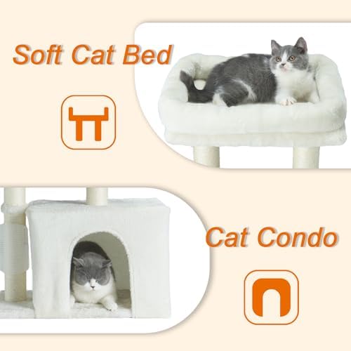 PEEKAB Small Cat Tree Tower,Scratching Post with Condo and Perch for Indoor Cats and Kittens,with Dangling Ball Massage Brush,Beige - Image 2