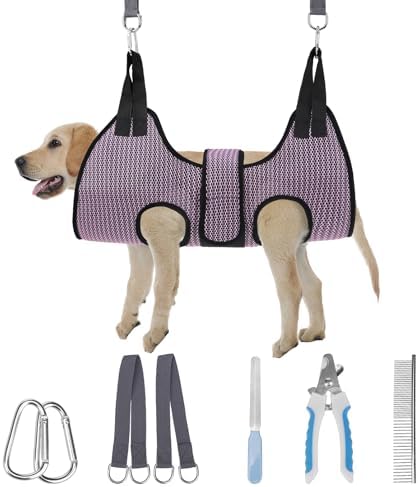 PAWCHIE Dog Grooming Hammock Harness for Dogs & Cats with Pet Nail Clipper Trimmer- Breathable Cat Hanger Sling for Trimming Clipping Nails-Dog Hammock Restraint Bag for Small Medium Large Dog, Pink M by PAWCHIE