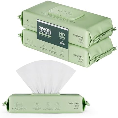 Nina Woof Dog Wipes – Fragrance-Free, Alcohol-Free, Hypoallergenic Pet Grooming Wipes with Aloe Vera, Biodegradable, for Dogs & Cats: Paws, Face, Ears & Butt – 2-Pack (140 Count) - Image 2