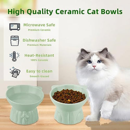 Elevated Cat Bowls 2-Pack, Ceramic Raised Cat Food & Water Dishes - Extra Wide & Shallow Whisker-Friendly Design, Anti-Vomit & Easy Digestion, Lead/Cadmium-Free, Microwave & Dishwasher Safe (Green) - Image 5