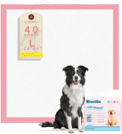 BinetGo Pink Disposable Pee Pads for Dogs, 40 Count 24” x 24” Large Wee Wee Pads for Urine, Extra Absorbent Unscented Puppy Pads, Pet Training Pads for Dogs, Pink Doggy Pee Pads for Indoors by BinetGO